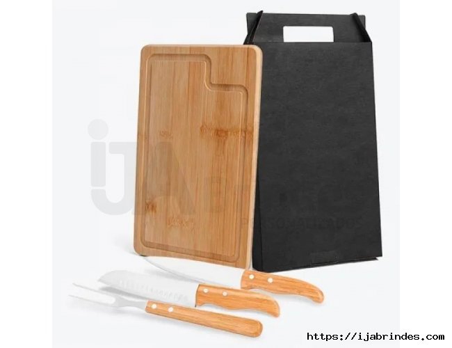 Kit Para Churrasco Em Bambu/Inox Com Faca Santoku - 4 Ps